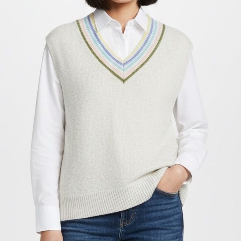 Talbots Sweater Vest Linen Cotton Blend White Pastel Striped Large Preppy Layers